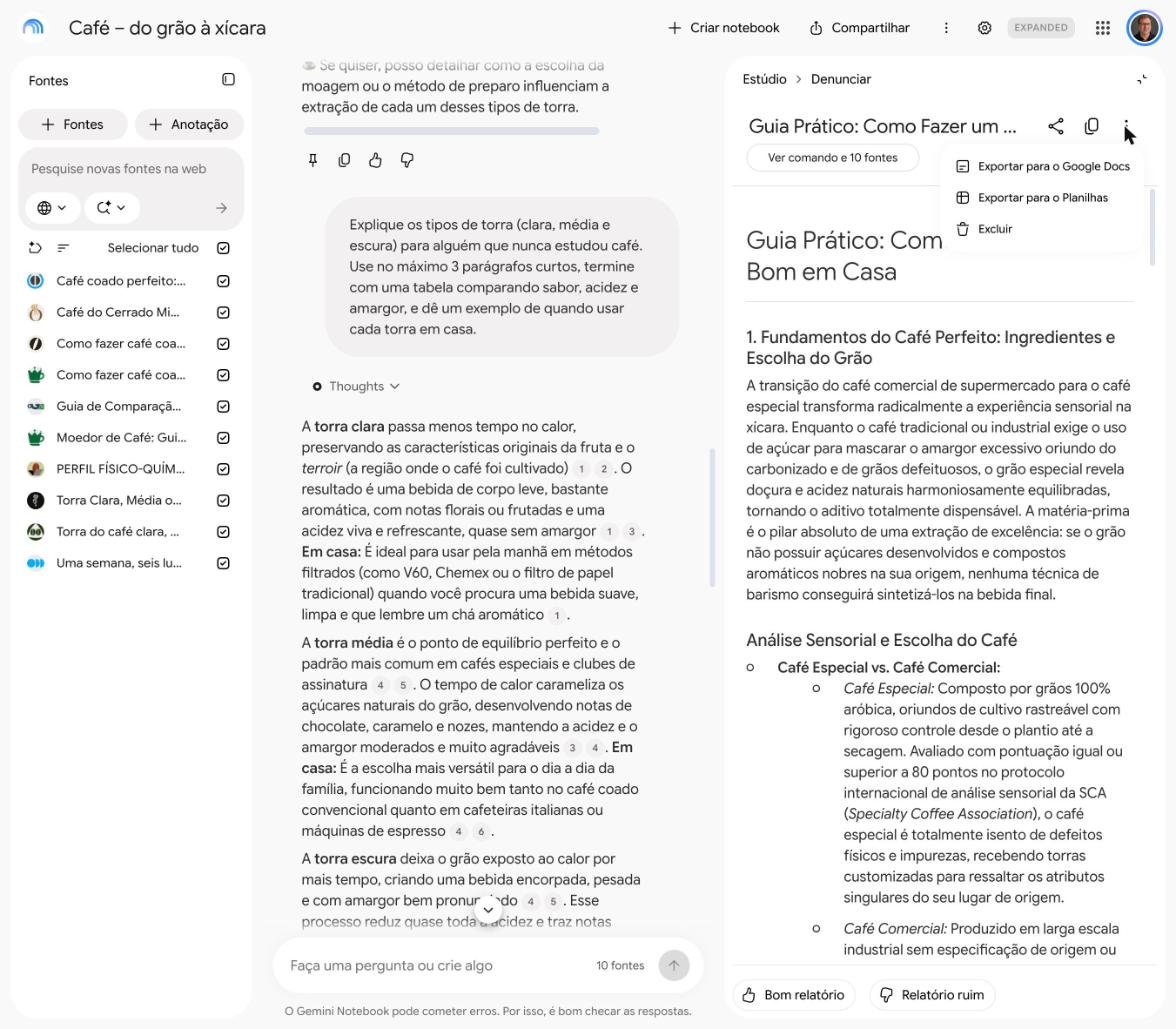 O relatório pronto pode ser exportado para o Google Docs
