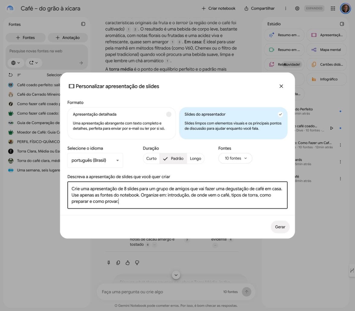 Pedindo uma apresentação de 8 slides para uma degustação em casa